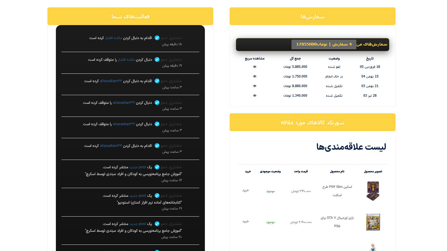داشبورد کاربر دو ستونه در قالب سفارشی طلایی